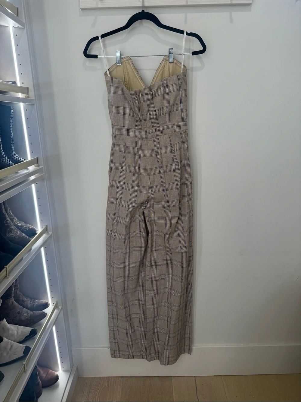 Lovers + Friends Plaid Strapless Wide-Leg Grecia Jumpsuit in Walnut Size Small
